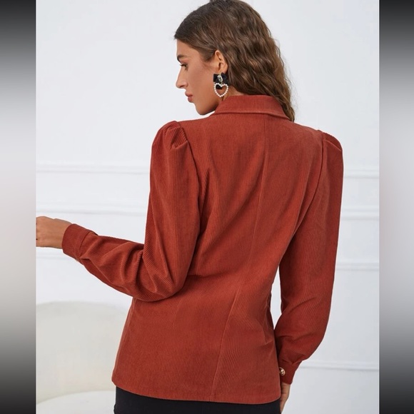 puff sleeves double breasted corduroy blazer - Picture 3 of 6